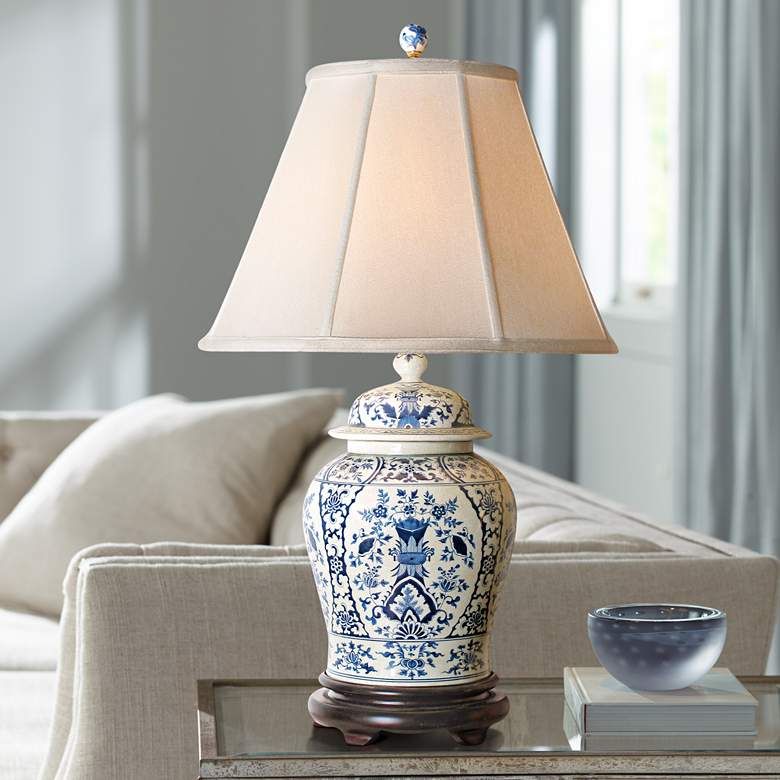 Image 2 English Floral 30" High Blue and White Temple Jar Porcelain Table Lamp