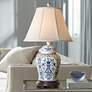 English Floral 30" High Blue and White Temple Jar Porcelain Table Lamp in scene