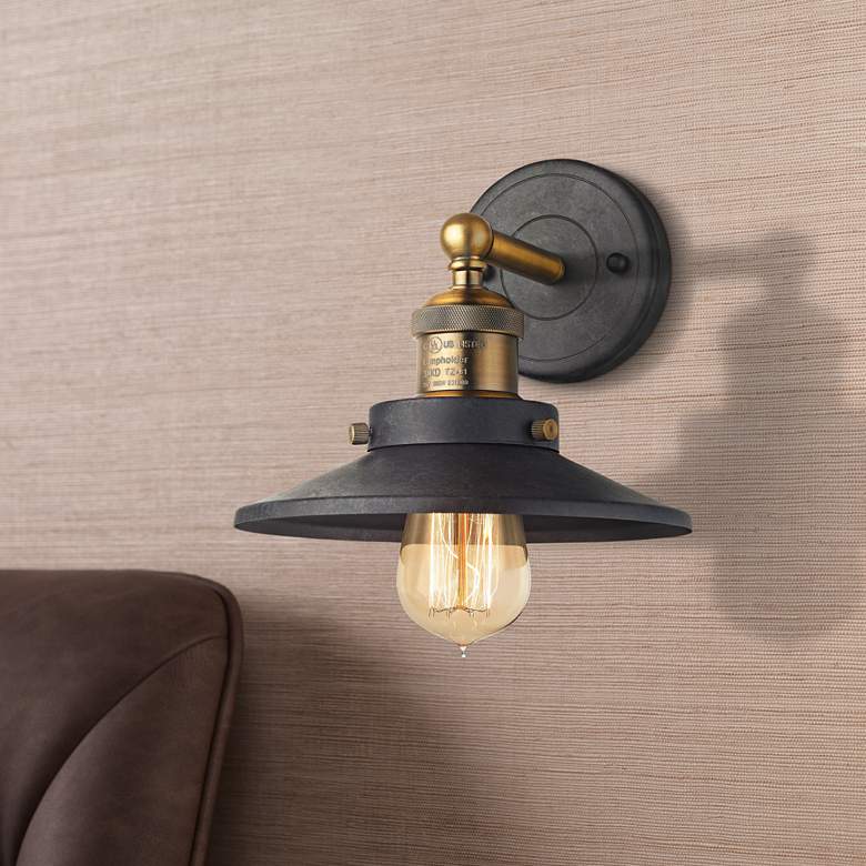 Image 1 English Pub 8"H Brass and Tarnished Graphite Wall Sconce