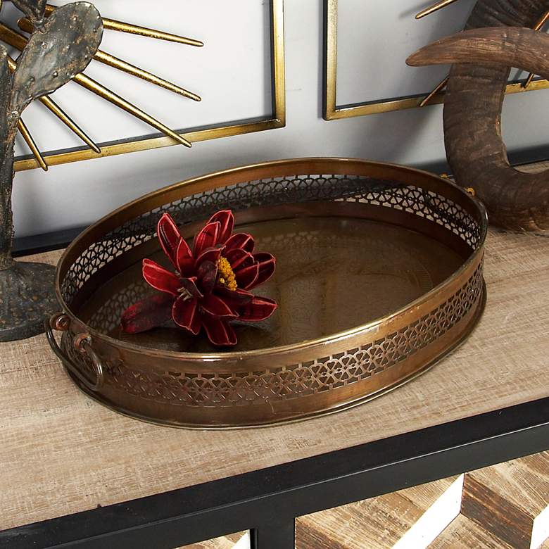 Image 1 Engraved Brown Metal Oval Serving Trays Set of 2