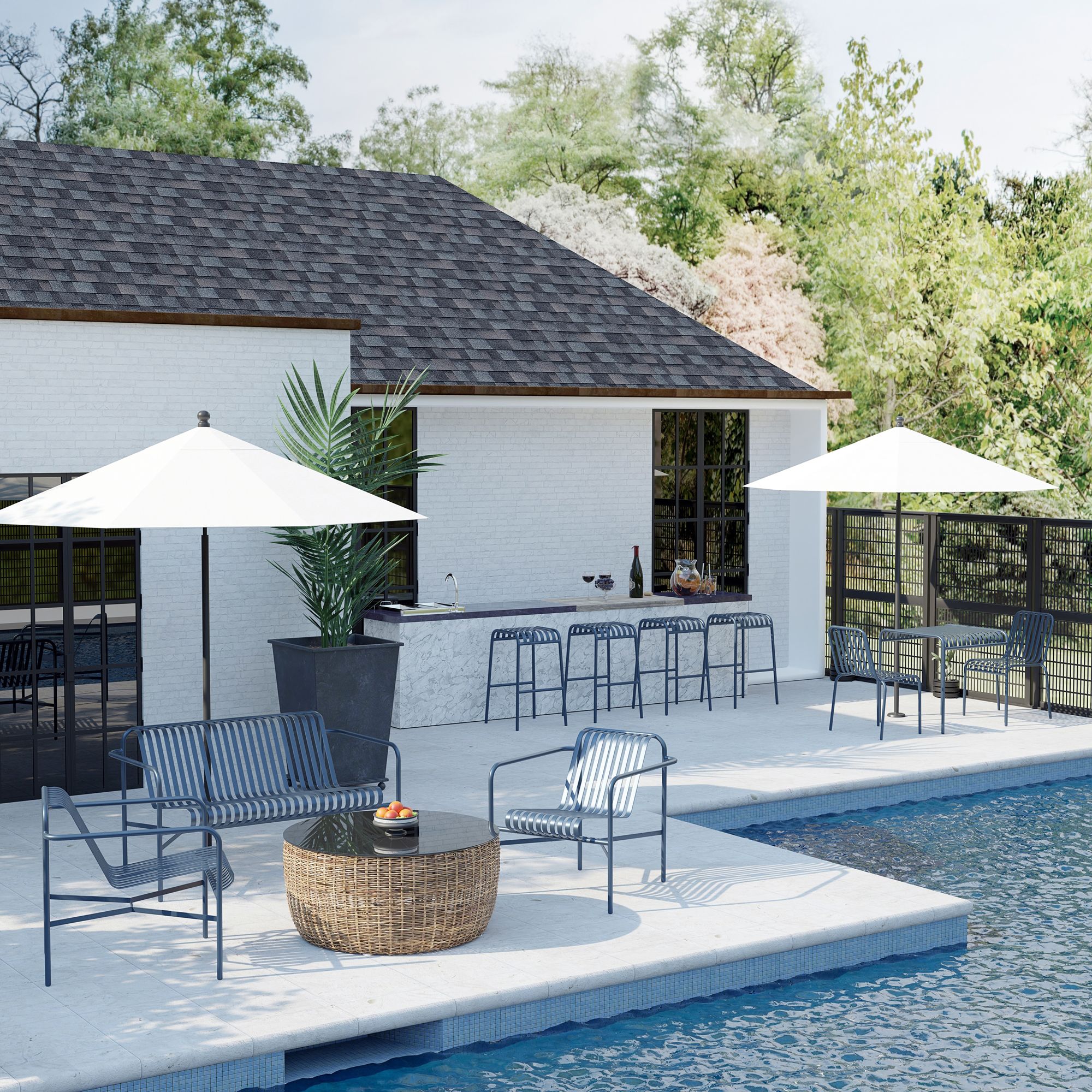 Enid Dark Blue Metal Outdoor Side Chairs Set of 2 in scene