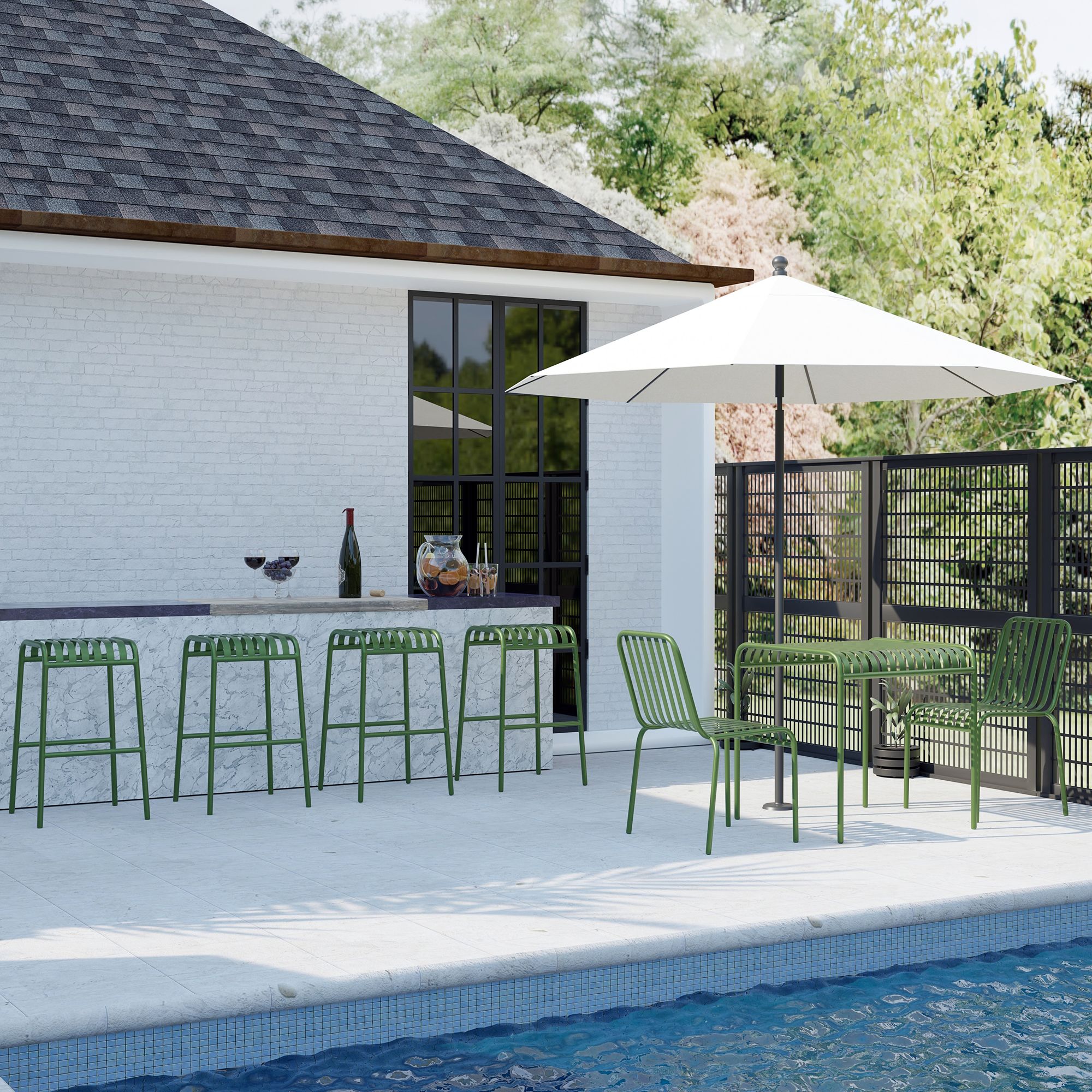 Enid Dark Green Metal Outdoor Side Chairs Set of 2 in scene