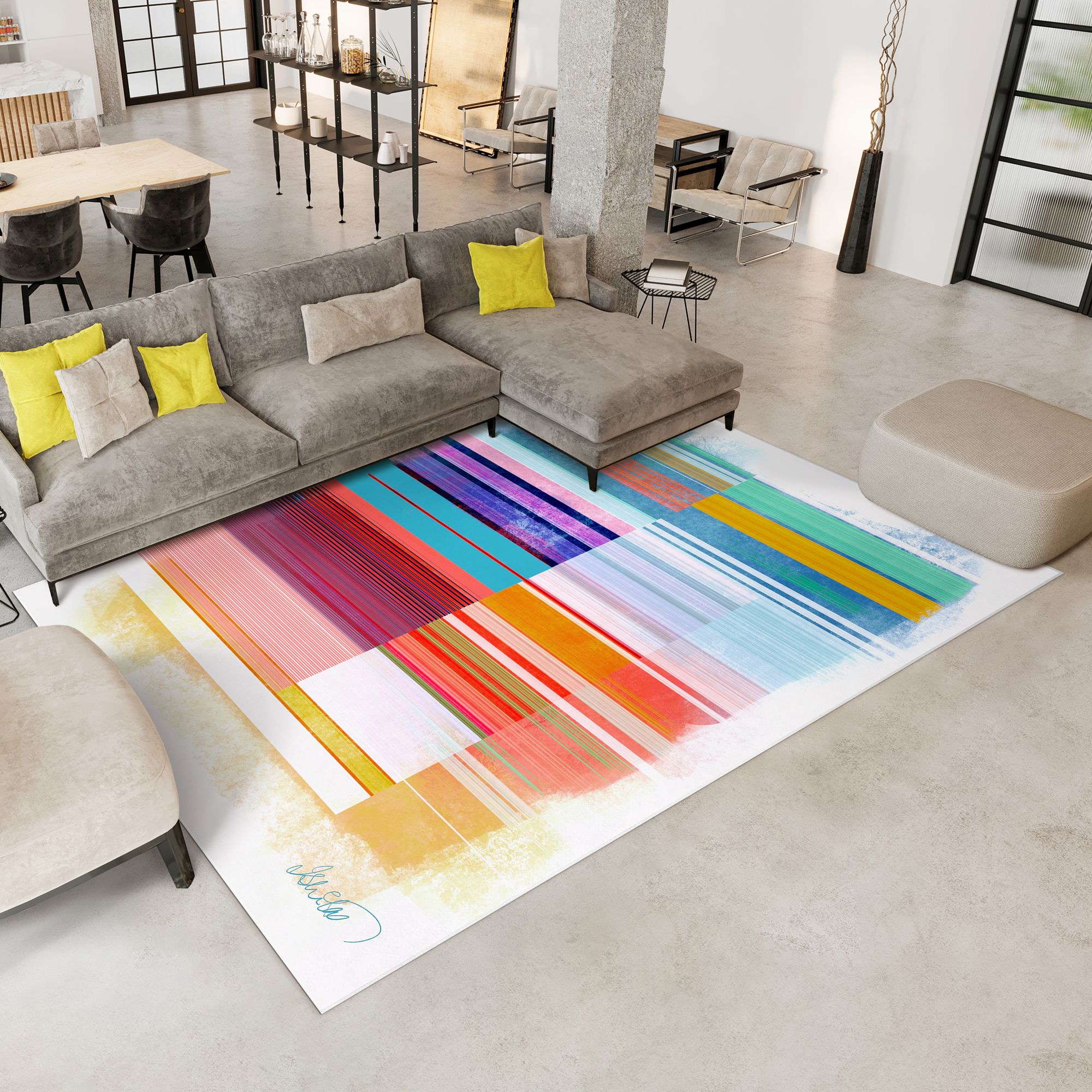 Image 2 Ephemeral Linear Washable Colorful Lines Art Area Rug size 8'x10' more views