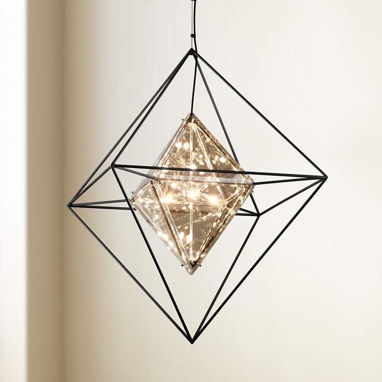 Epic 30&quot; Wide Forged Iron and Topaz Glass Pendant Light