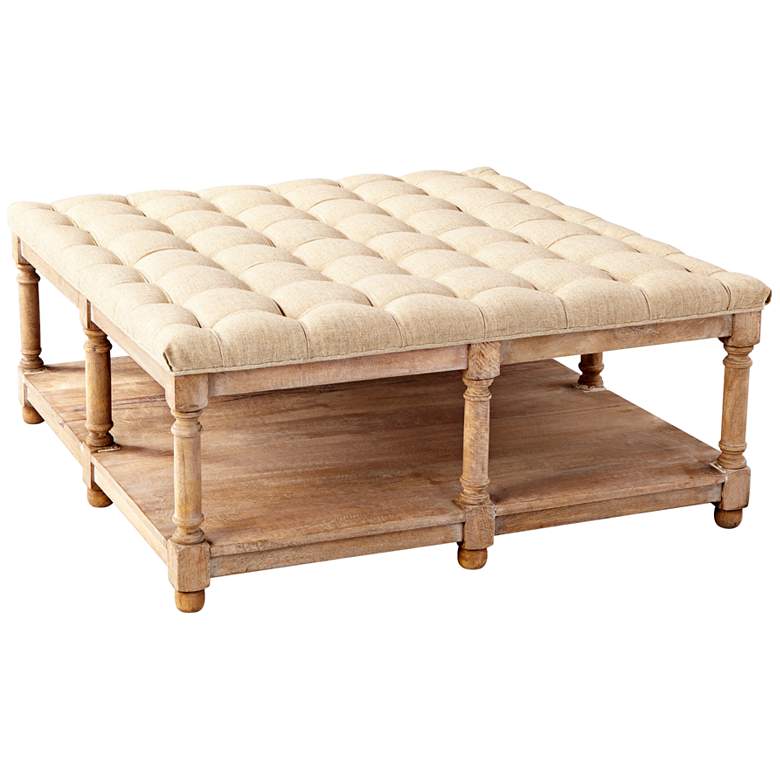 Image 1 Eponine Burnt White Fabric Wood Tufted Square Ottoman