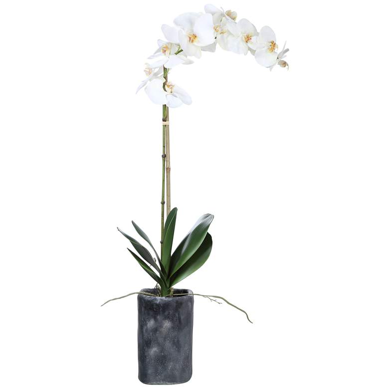 Eponine White Orchid 34 1/4&quot;H Faux Flower in Gray Planter
