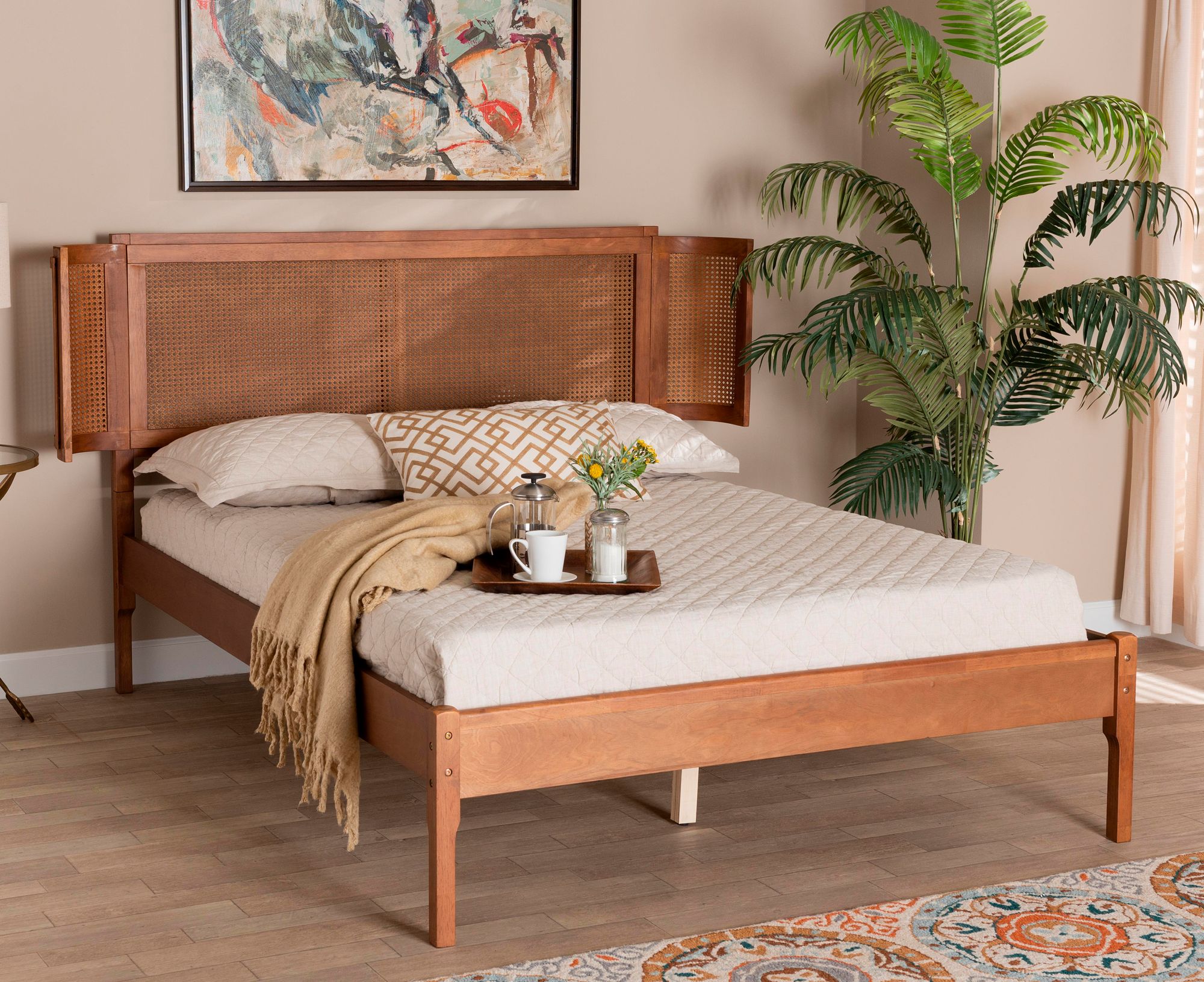 Eridian Walnut Brown Natural Rattan Platform Bed 541G5 Lamps Plus