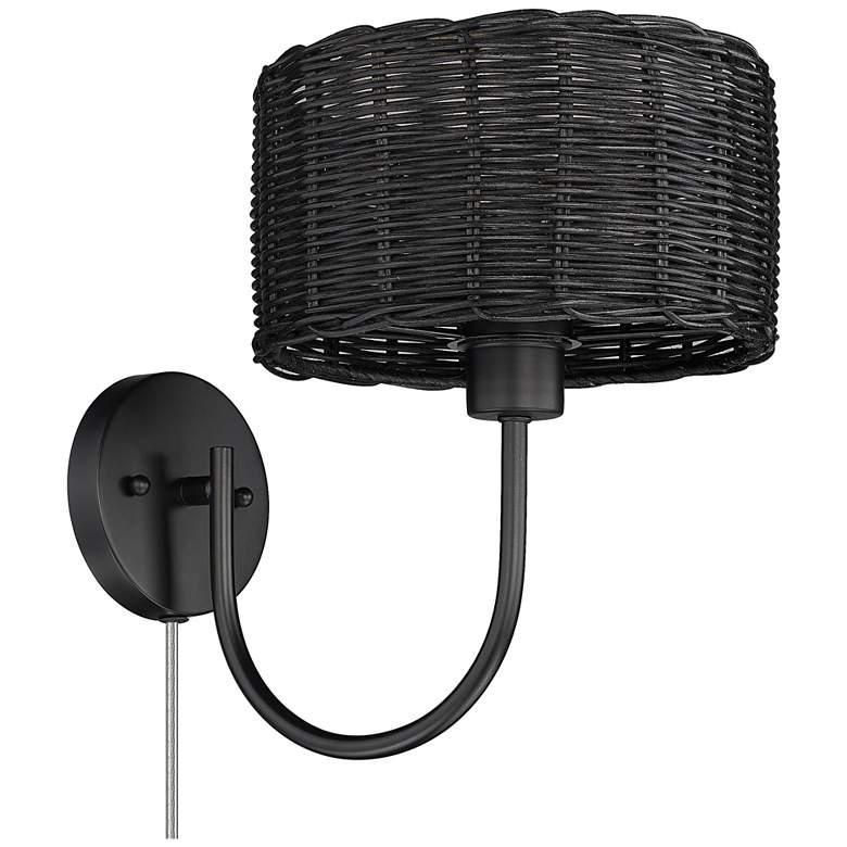 Image 1 Erma 9 inch Wide Matte Black 1-Light Wall Sconce with Black Wicker