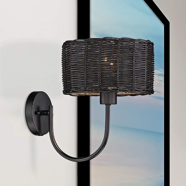 Image 1 Erma 9" Wide Matte Black 1-Light Wall Sconce with Black Wicker