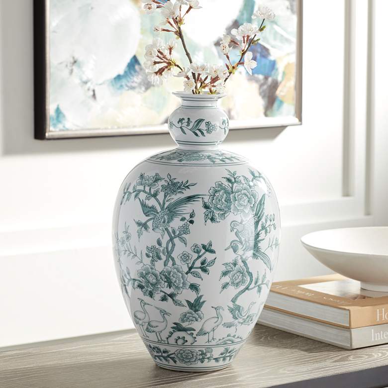 Image 2 Erynn 16" High Green and White Ceramic Decorative Vase