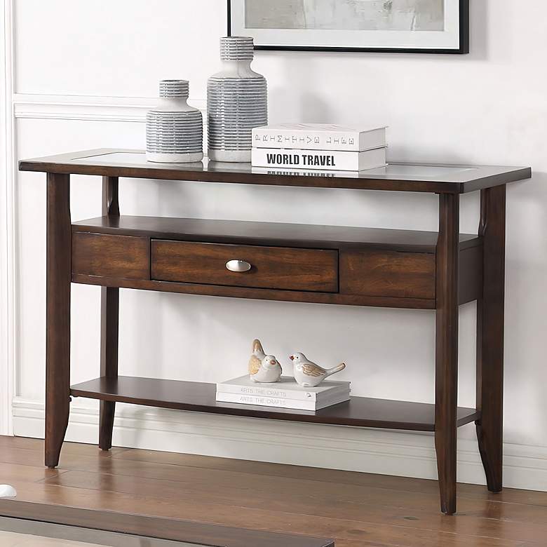 Image 1 Eski 44" Wide Dark Walnut 1-Drawer 2-Shelf Console Table