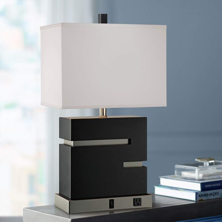 Image 1 Espresso Grid Modern Table Lamp with Base Outlet Socket
