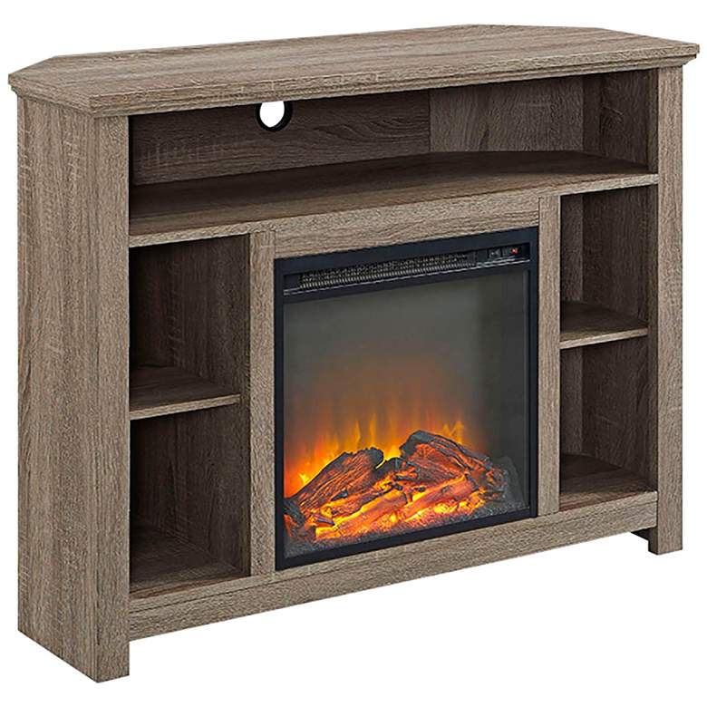 Image 1 Essential Gray Driftwood Corner Fireplace TV Stand