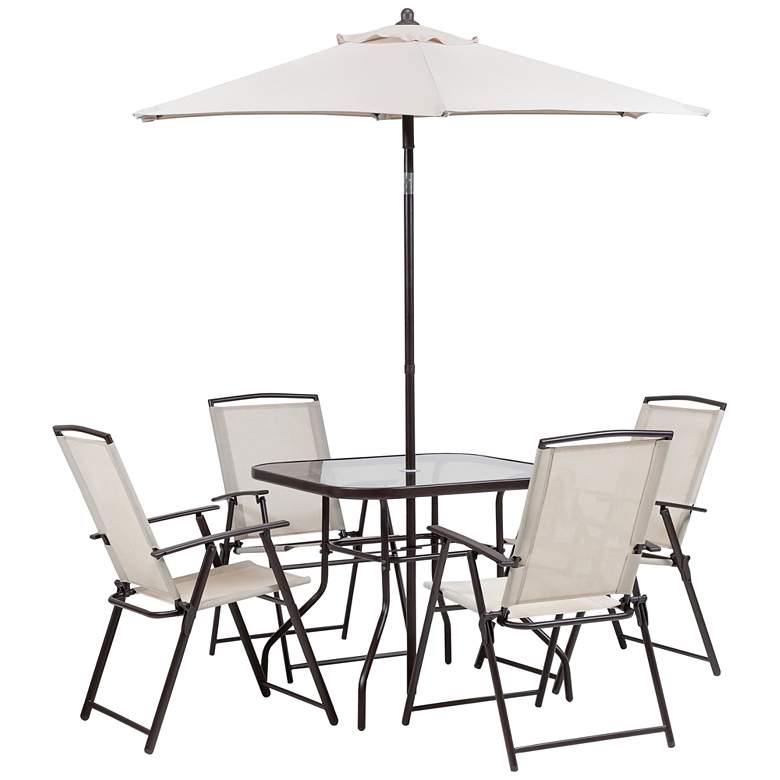 Image 1 Essex Beige Folding 6-Piece Outdoor Dining Set with Umbrella