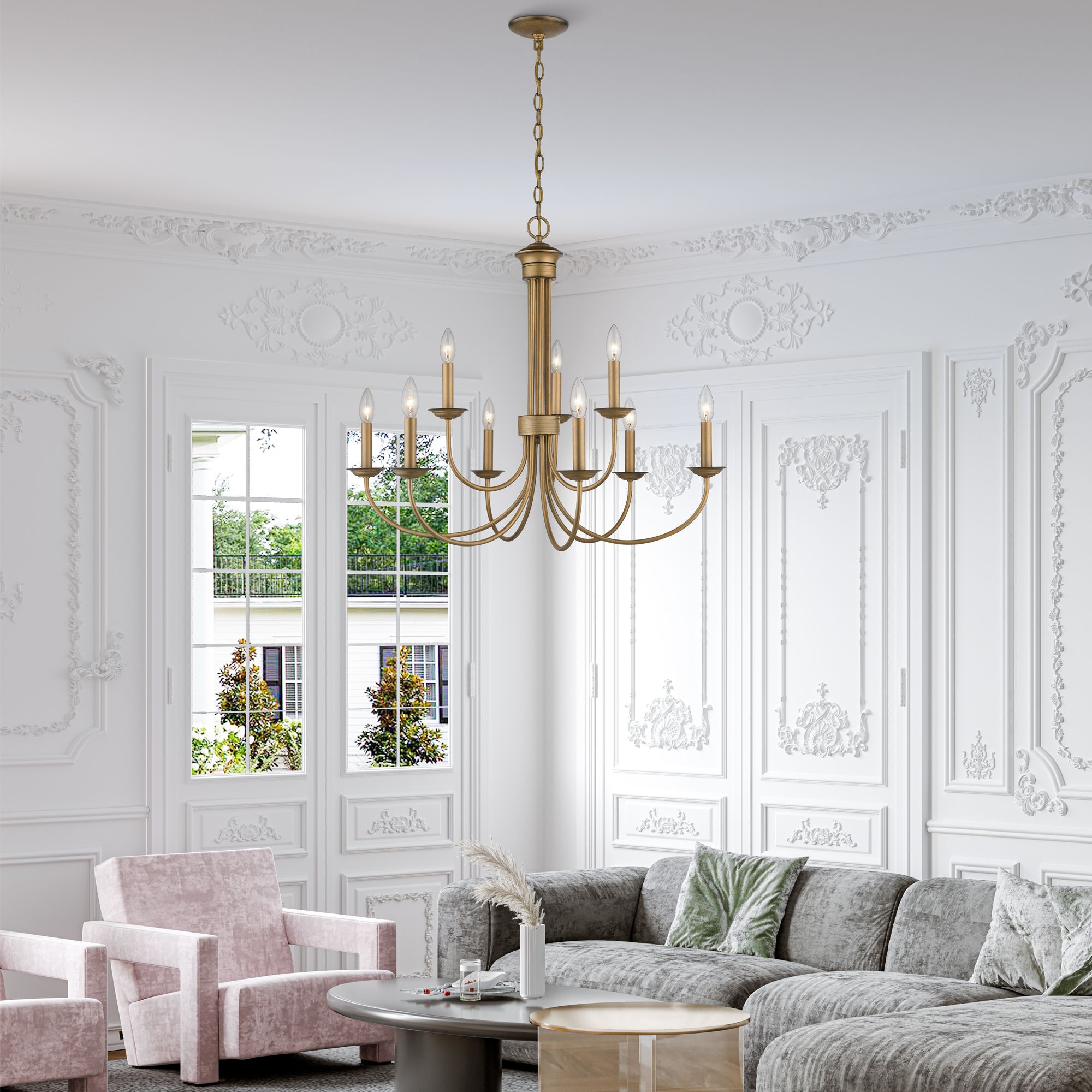 Estate 30" Wide Antique Gold Leaf 9-Light Chandelier