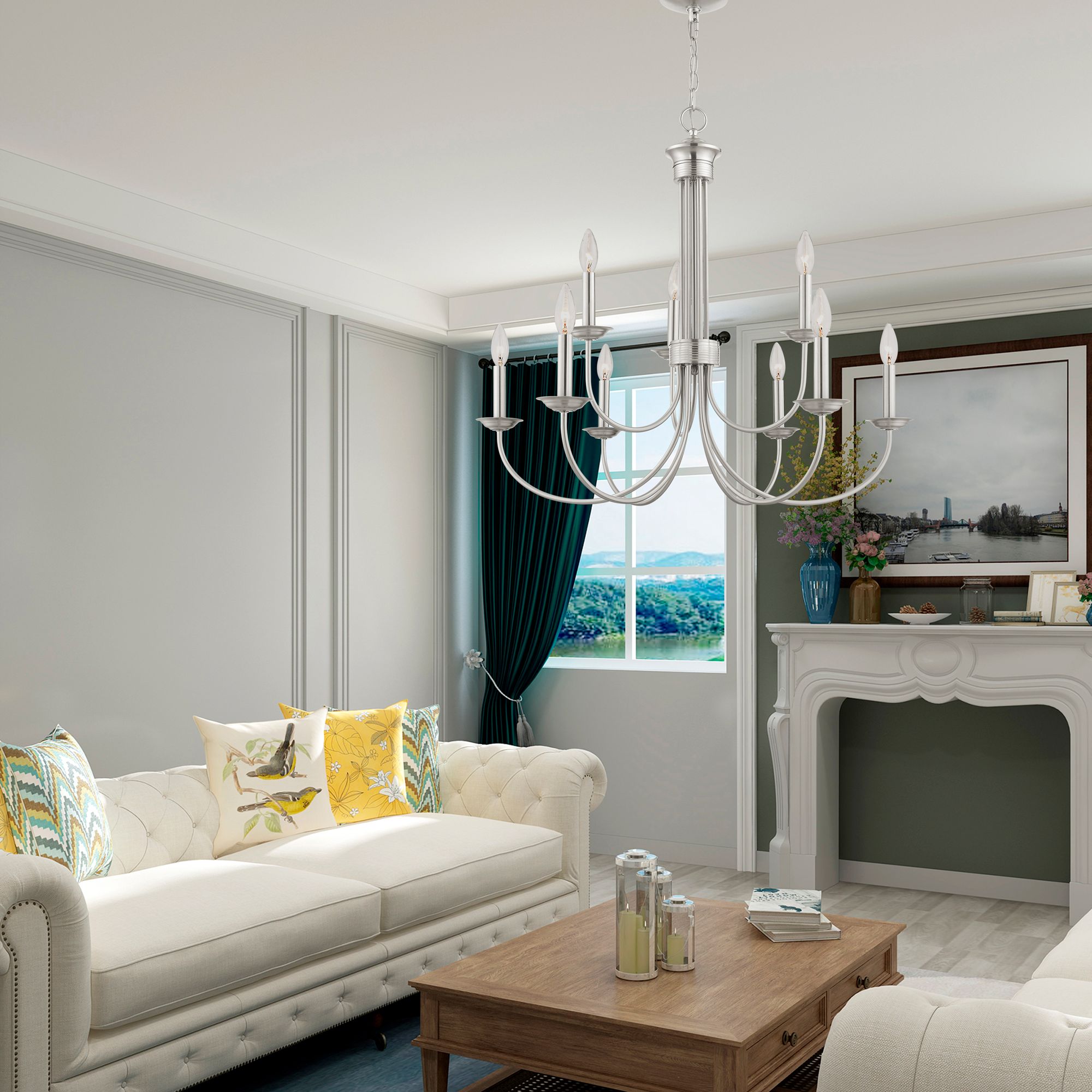 Estate 30"W Brushed Nickel 9-Light Candle Style Chandelier in scene