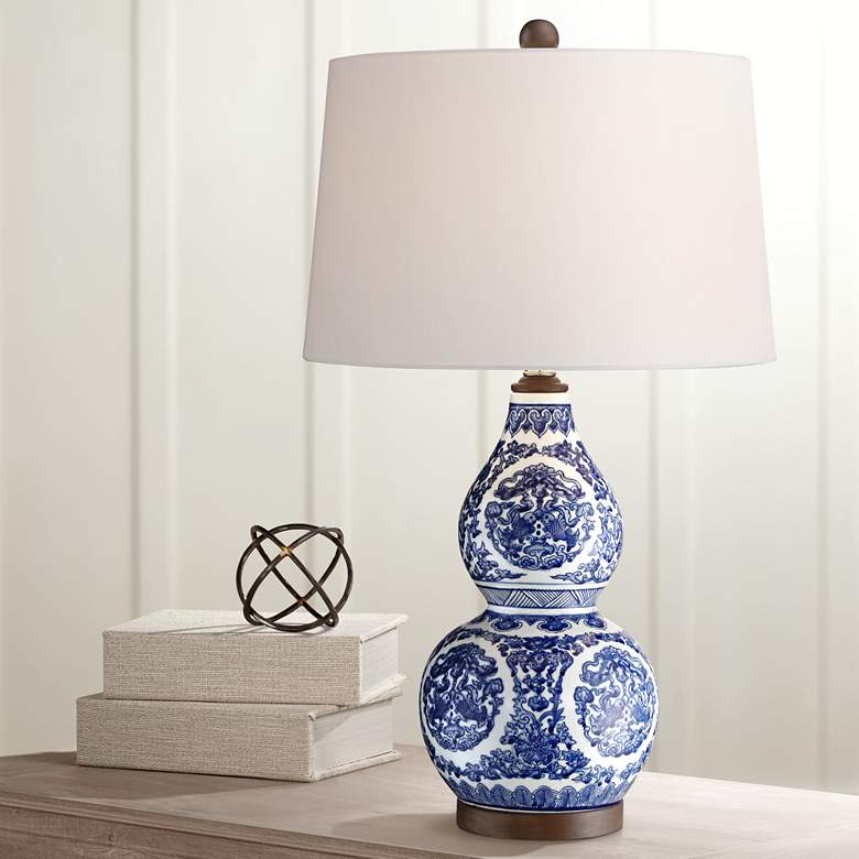 Image 1 Esther Blue and White Ceramic Gourd Table Lamp