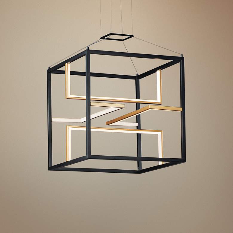 Image 1 ET2 Chamber 18 1/4" Black and Gold 4-Light LED Modern Cube Pendant