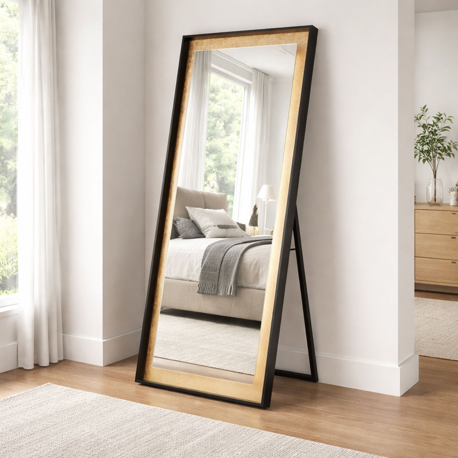 ET2 Floating 30" x 67" Gold Leaf / Black LED Free Standing Mirror Image 6