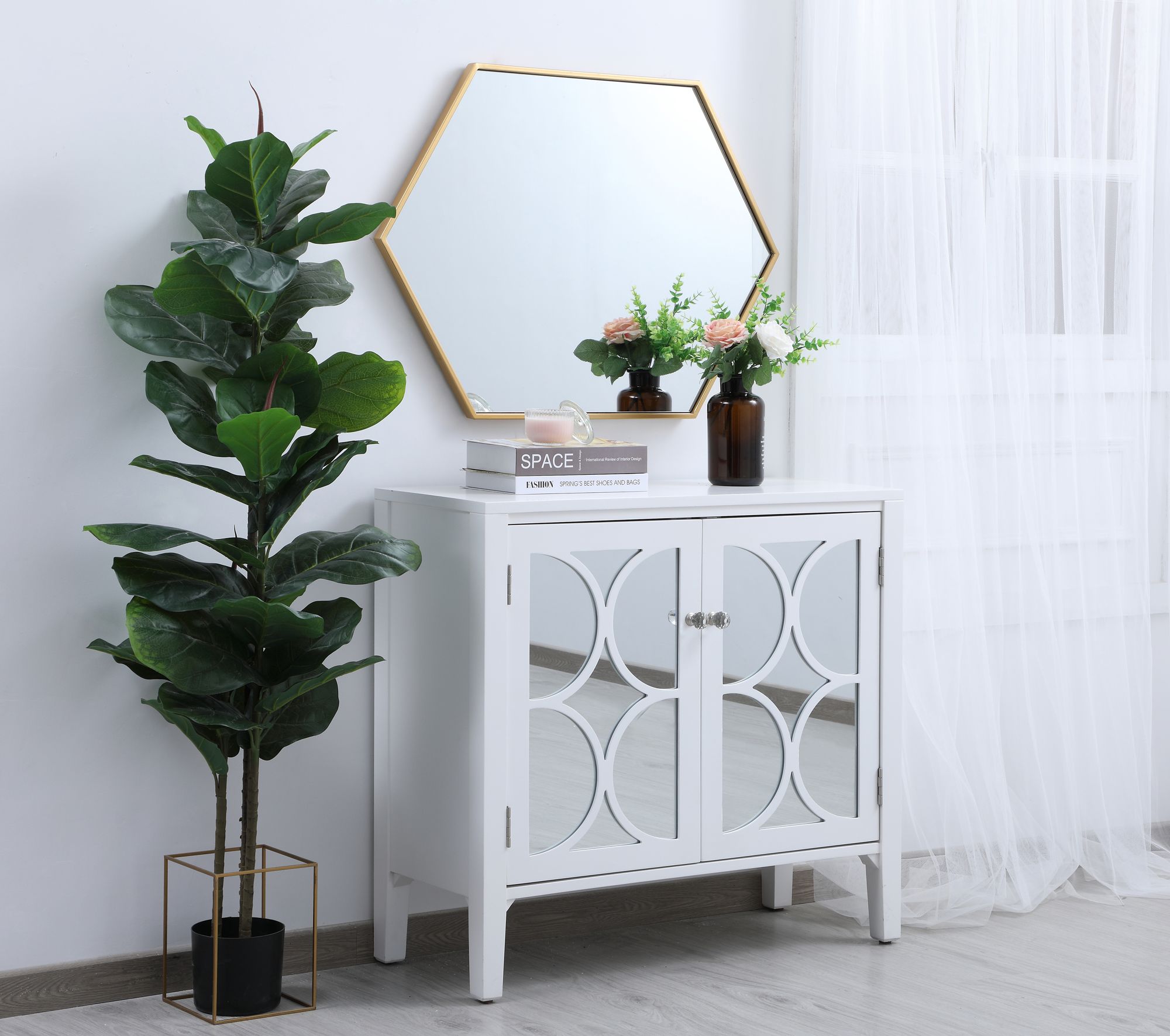 Eternity Brass Metal 24" x 34" Hexagonal Wall Mirror in scene