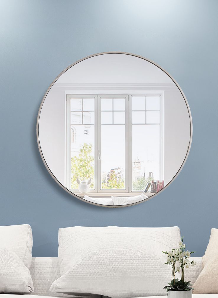 Eternity Silver Metal 36" Round Vanity Wall Mirror in scene