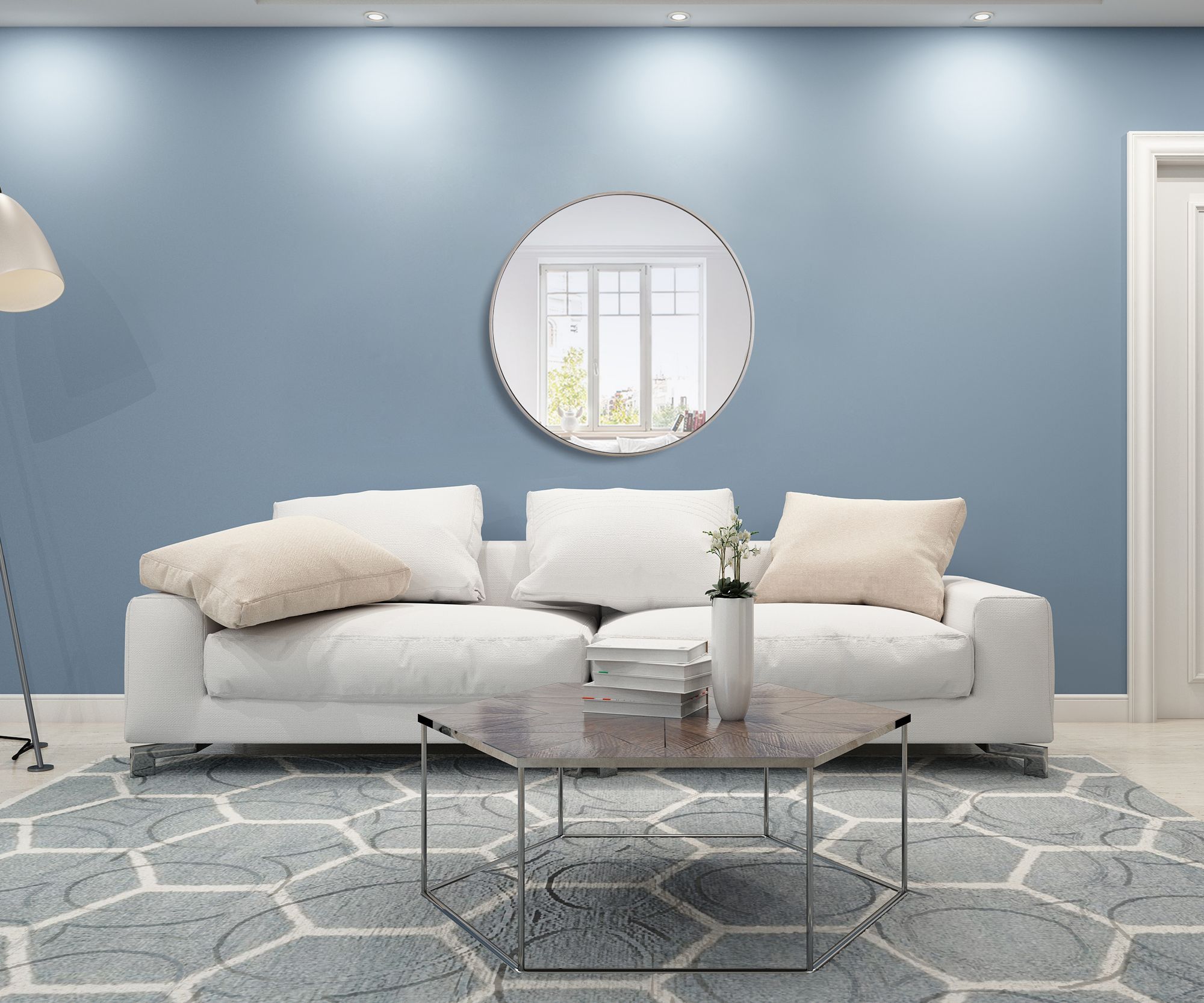 Eternity Silver Metal 36" Round Vanity Wall Mirror in scene