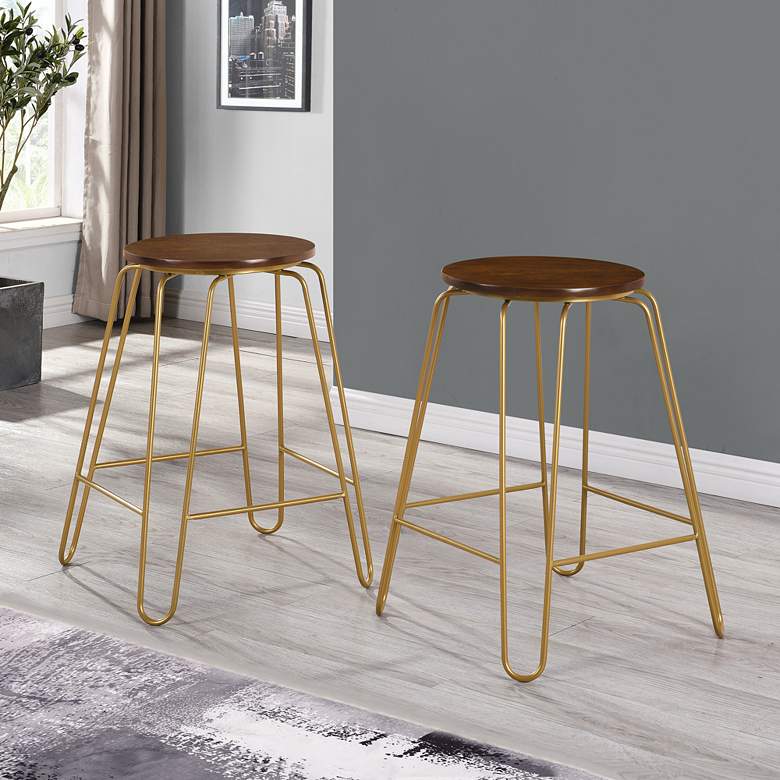 Image 1 Ethan 24 inch Elm Wood and Gold Counter Stools Set of 2