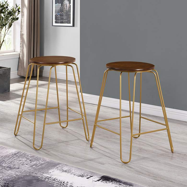 Image 1 Ethan 24" Elm Wood and Gold Counter Stools Set of 2