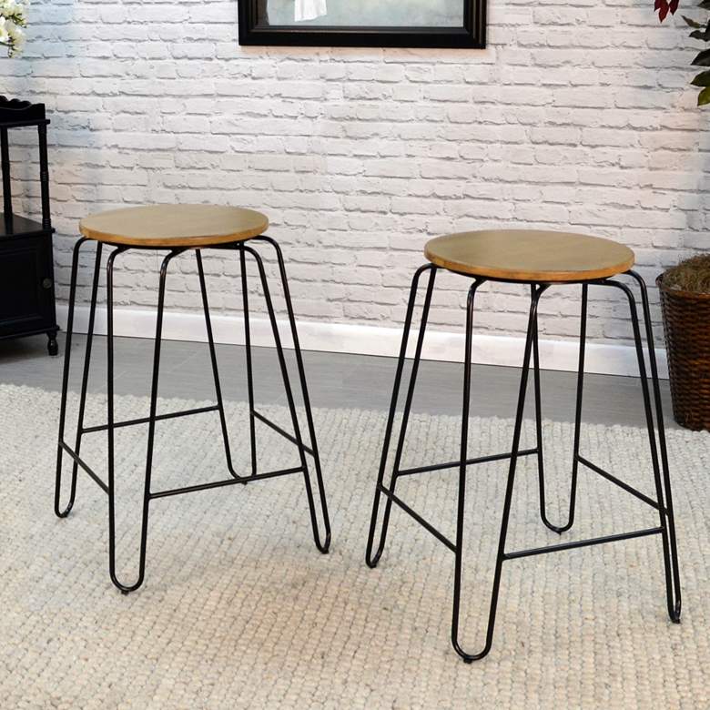 Image 1 Ethan 24 inch Maple Wood and Black Counter Stools Set of 2