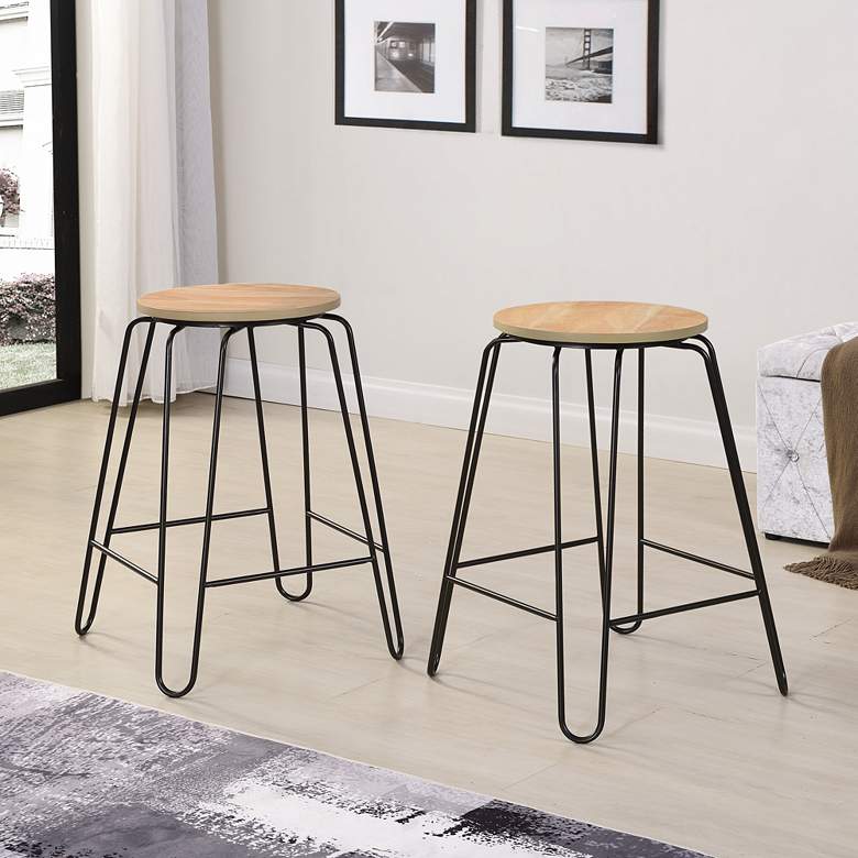 Image 1 Ethan 24" Natural Wood and Black Counter Stools Set of 2