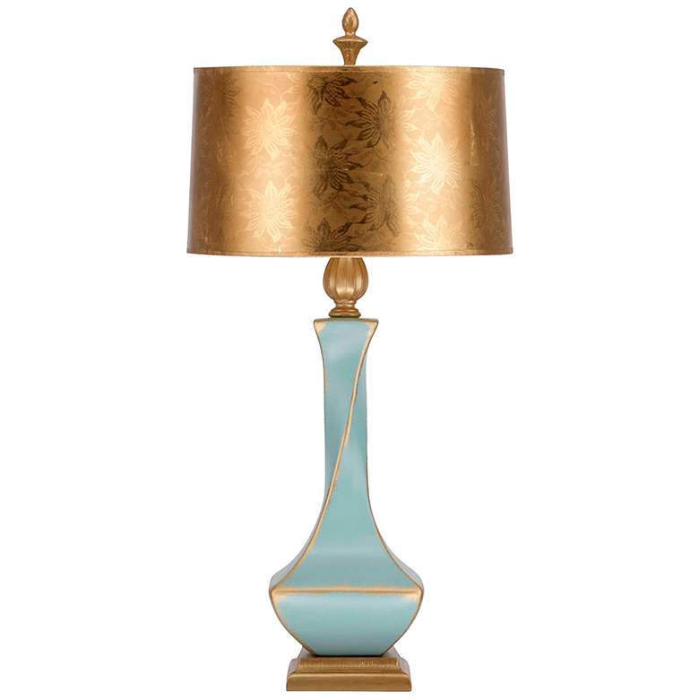 Image 2 Ethereal 35 inch Aquamarine Ceramic Twist Table Lamp with Gold Shade