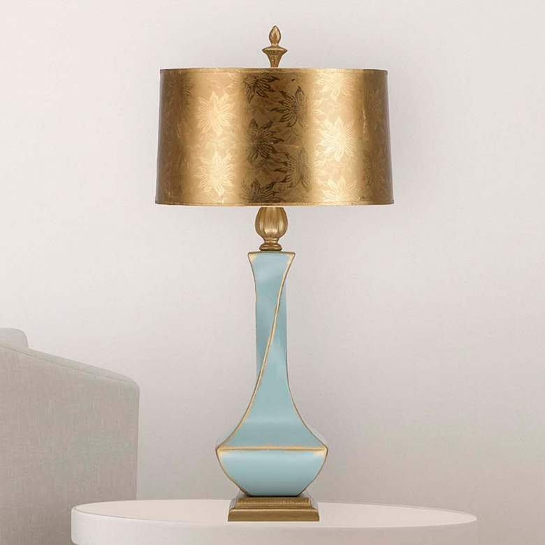 Image 1 Ethereal 35 inch Aquamarine Ceramic Twist Table Lamp with Gold Shade