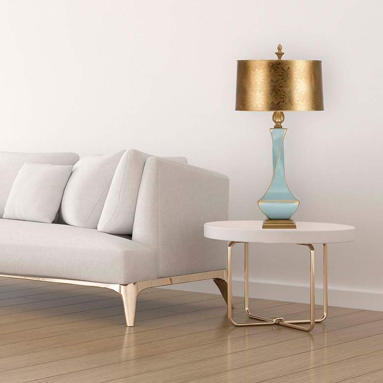 Image 5 Ethereal 35 inch Aquamarine Ceramic Twist Table Lamp with Gold Shade more views