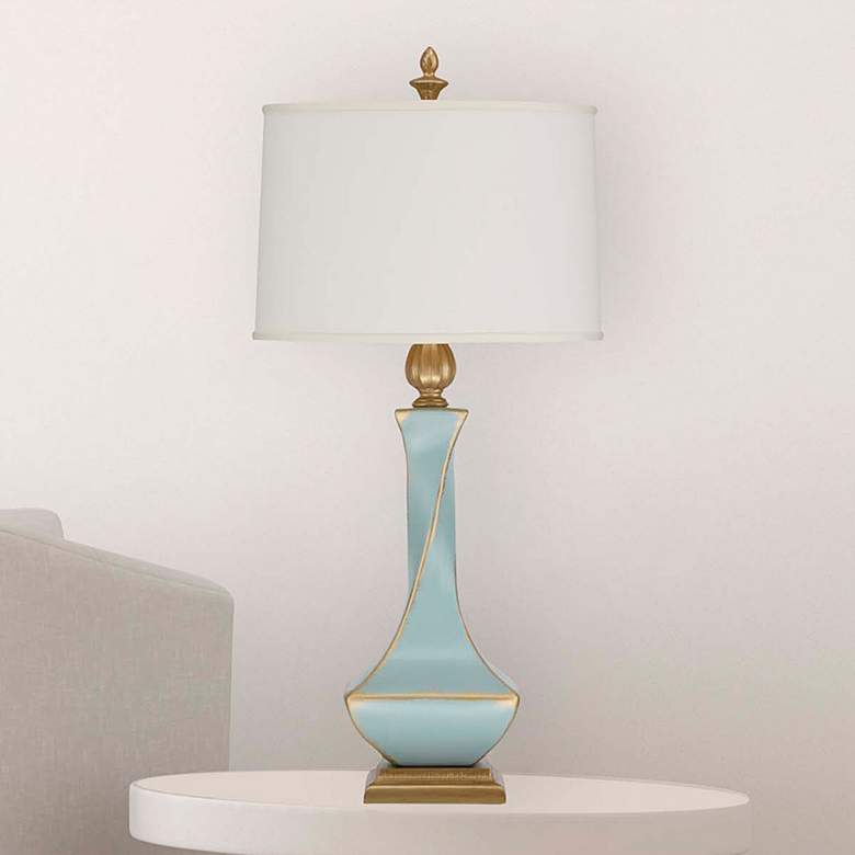 Image 1 Ethereal 35 inch Cream Shade Aquamarine Blue Ceramic Twist Table Lamp