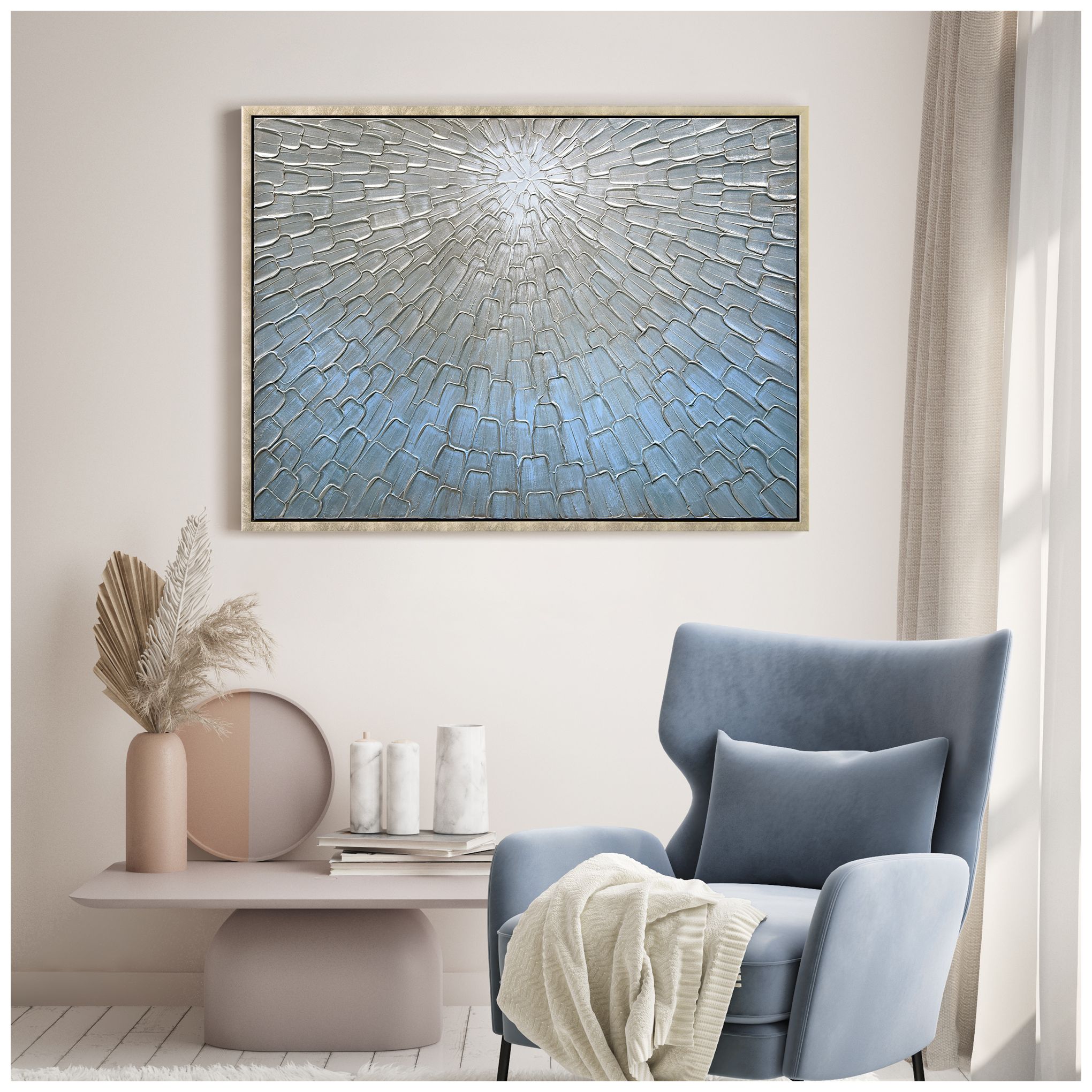 Image 4 Ethereal Light Textured Metallic Hand Painted Blue Framed Canvas Wall Art more views