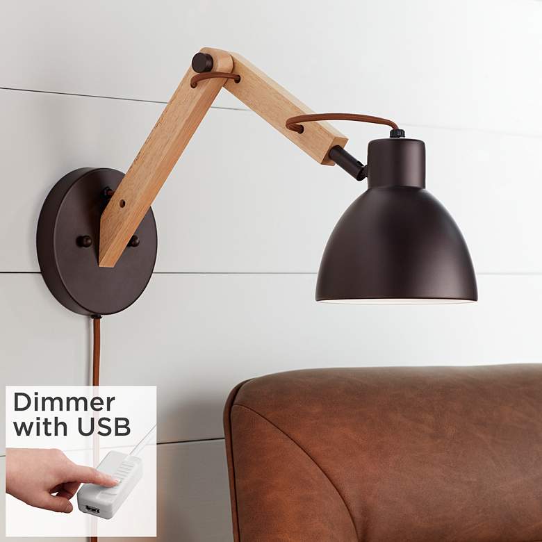 Image 1 Euless Bronze and Wood Industrial Plug-In Wall Lamp with USB Dimmer