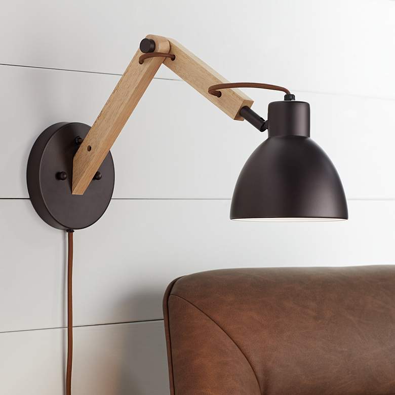 Euless Bronze and Wood Industrial Style Adjustable Plug-In Wall Lamp
