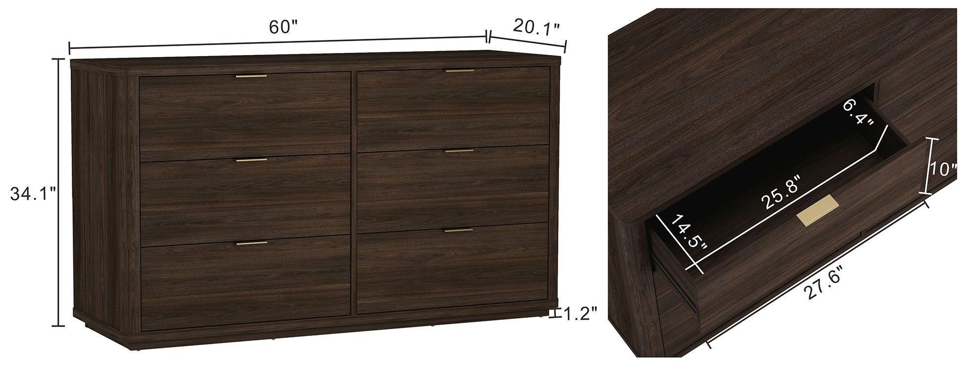 Image 4 Evalyn Modern 60" Dresser in Brown (6-Drawer) more views