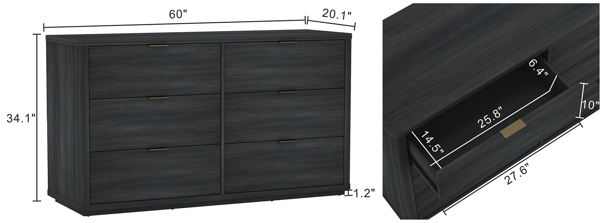 Image 4 Evalyn Modern 60" Dresser in Charcoal Gray (6-Drawer) more views