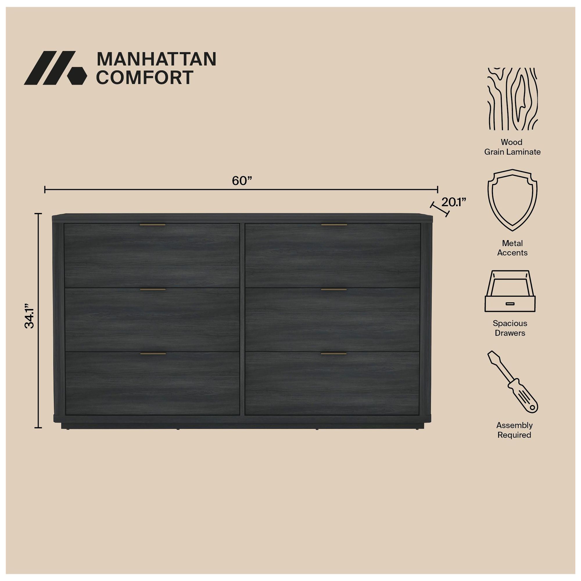 Image 5 Evalyn Modern 60" Dresser in Charcoal Gray (6-Drawer) more views