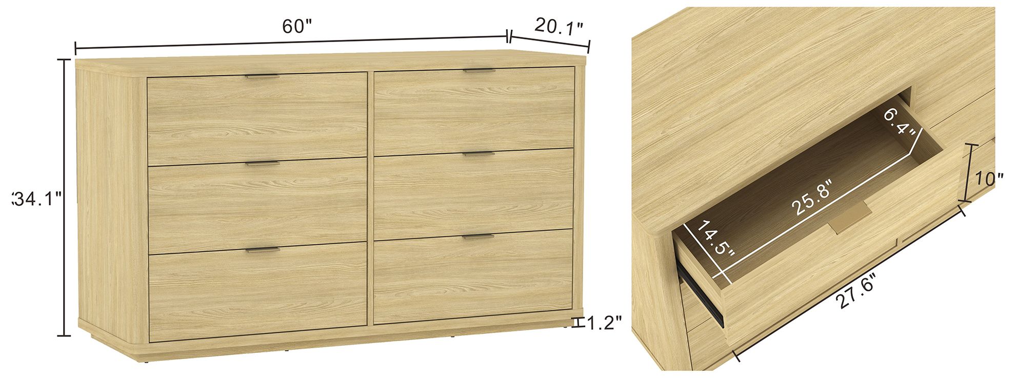 Image 4 Evalyn Modern 60" Dresser in Natural (6-Drawer) more views