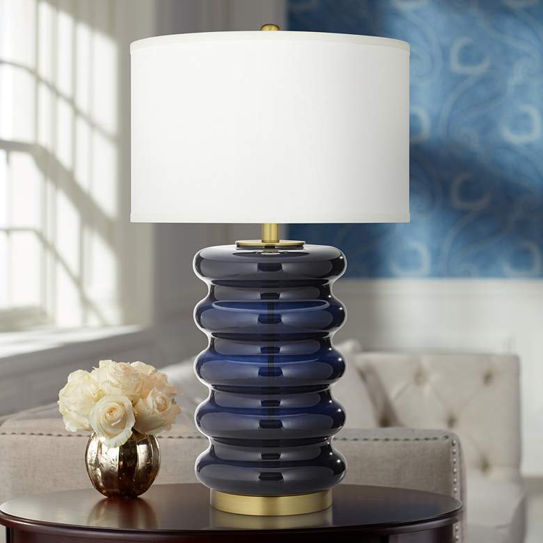 Image 1 Evan Wavy Navy Blue Glass Modern Luxe Table Lamp