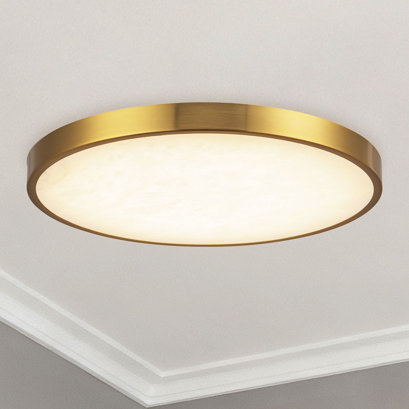 Evelyn 11-in Alabaster dimmable LED Flush Mount with Brushed Gold Finish