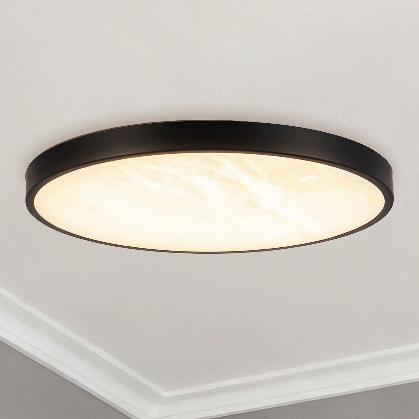 Evelyn 11-in Alabaster dimmable LED Flush Mount with Matte Black Finish