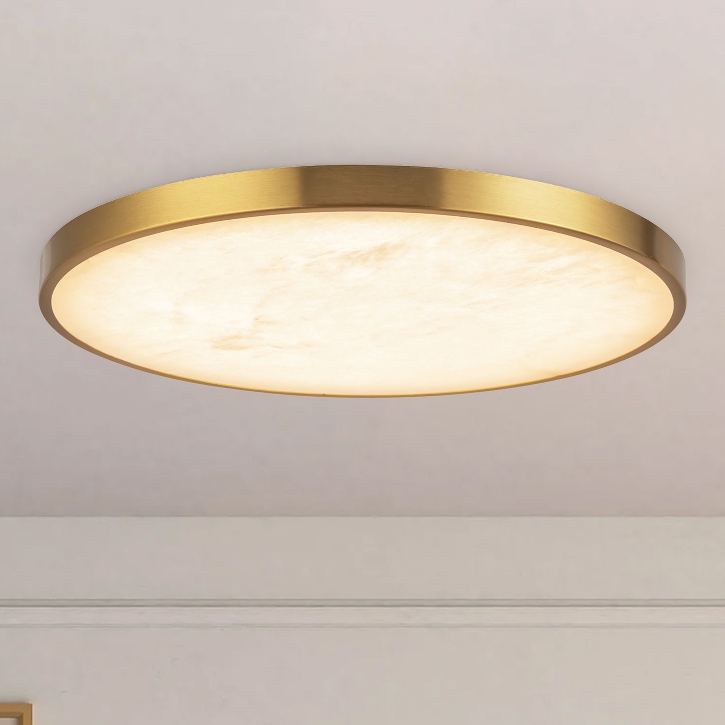 Evelyn 15-in Alabaster dimmable LED Flush Mount with Brushed Gold Finish