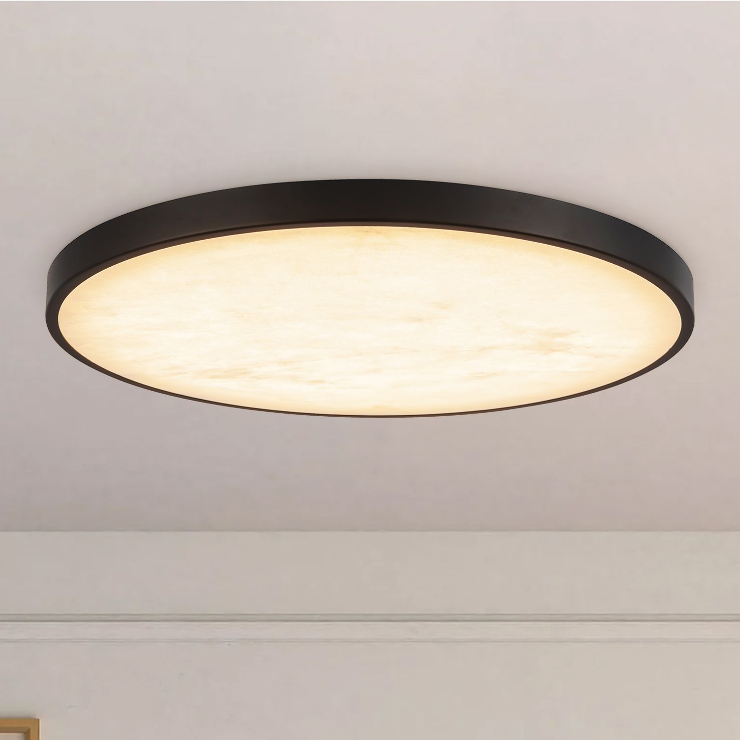 Evelyn 15-in Alabaster dimmable LED Flush Mount with Matte Black Finish
