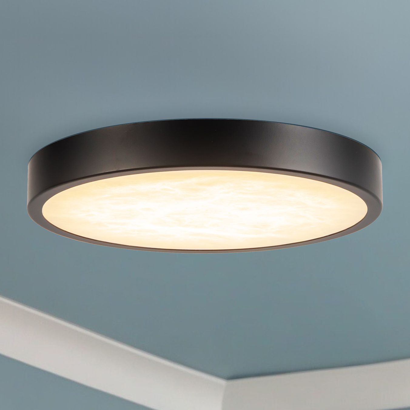 Evelyn 7-in Alabaster dimmable LED Flush Mount with Matte Black Finish