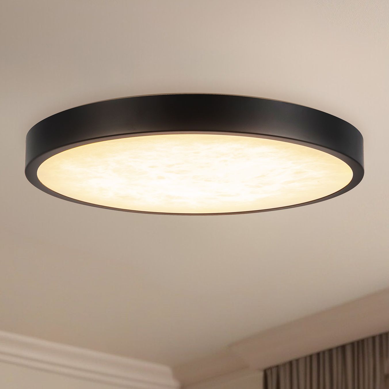 Evelyn 9-in Alabaster dimmable LED Flush Mount with Matte Black Finish