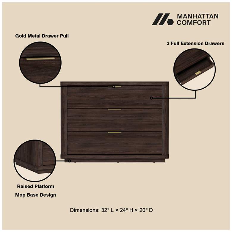 Image 4 Evelyn Modern 32 Nightstand 4.0 with 3 Full Extension Drawers in Brown more views