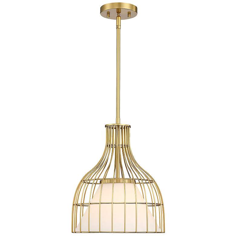 Image 1 Evensong 60 Watt 1-Light Brushed Gold Bell Pendant with Glass Shade